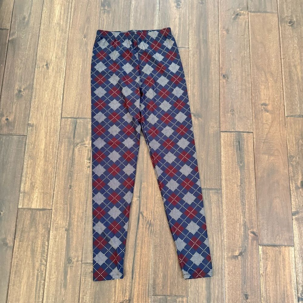 Plaid Soft Leggings Navy Blue Maroon Gray Diamonds One Size